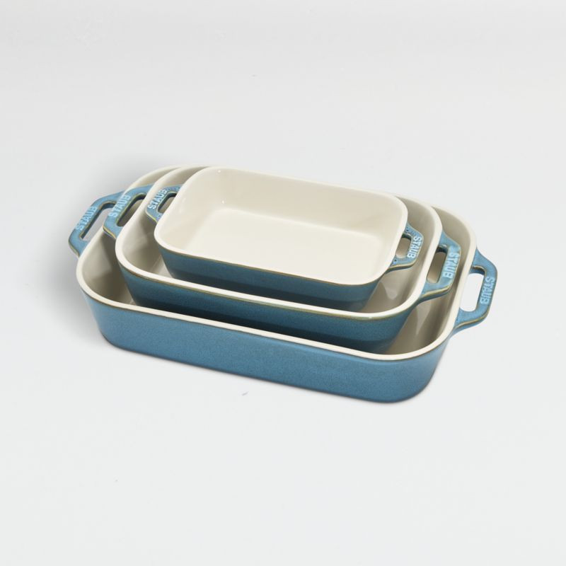 Staub Turquoise Rectangular Bakers, Set of 3 + Reviews | Crate & Barrel | Crate & Barrel