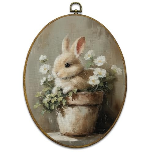 Mcehtle Easter Bunny Wall Art Decor, Rustic Cottagecore Flower Rabbit Bunny Framed Canvas Prints 8.6x11.4, Easter Rabbit Oval Wall Hanging Artwork Decorations for Home Bedroom Living Room | Amazon (US)