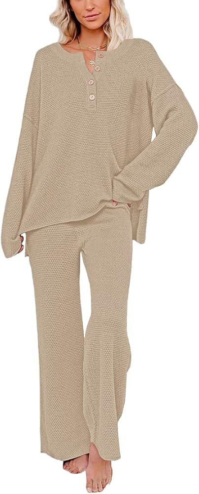 HAPCOPE Women's Waffle Knit Pajama Set 2 Piece Outfit Long Sleeve Top and Wide Leg Pants Tracksuits  | Amazon (US)