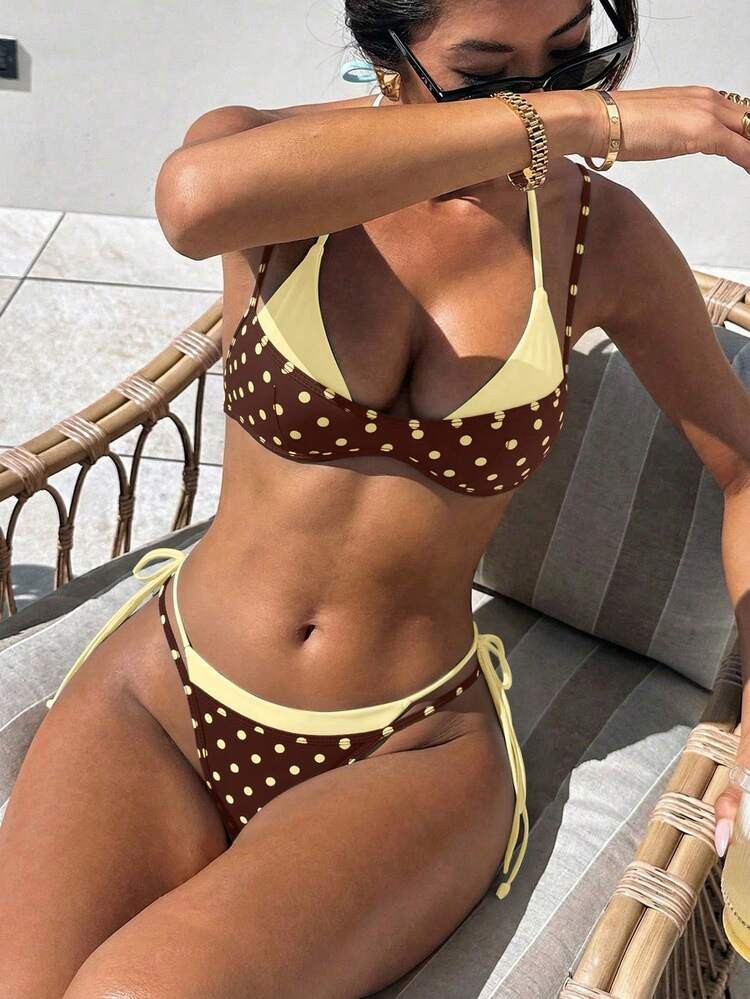 Women's Swimsuit Bikinis Vintage Yellow Brown Polka Dot Casual Fashion Outfit For Holiday, Music Festival,Cup World,Kentucky Derby Vacation Swimwear | SHEIN