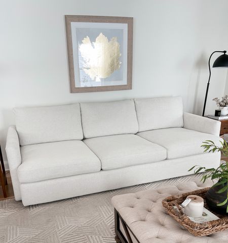 White living room couch.

comfortable and durable! And extremely pet and kid friendly!! 
Fabric: Nordic Frost 

#LTKhome #LTKFind #LTKfamily