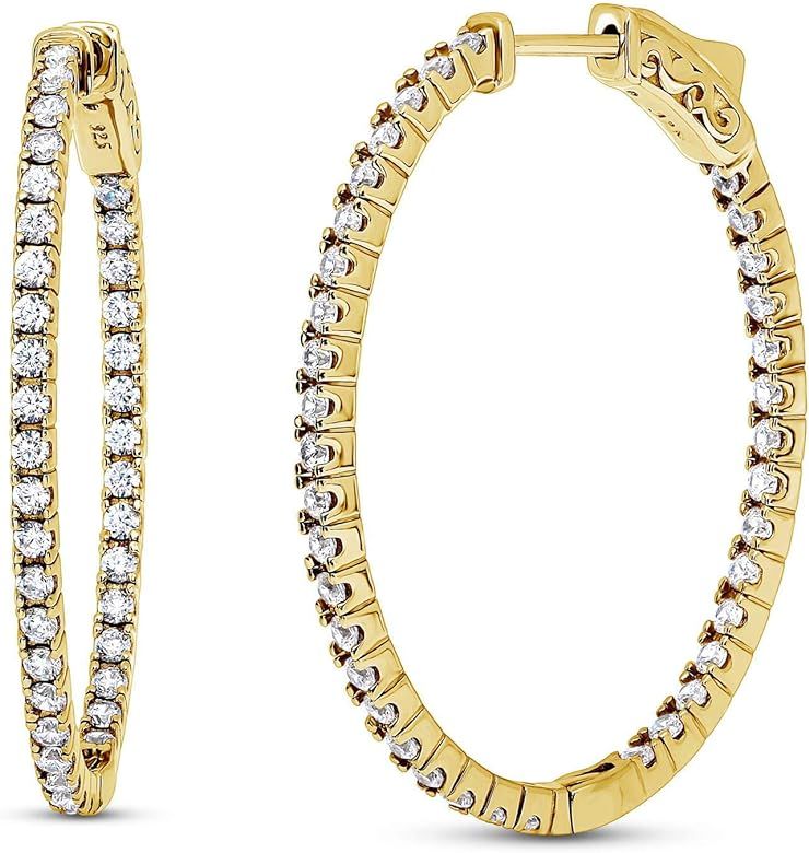 BERRICLE Yellow Gold Flashed Sterling Silver Cubic Zirconia CZ Oval Medium Fashion Inside-Out Hoop E | Amazon (US)