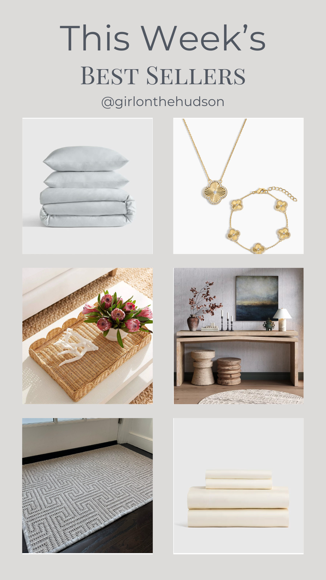 This week's best sellers! My FAVORITE bedding (soft sheets and a crisp duvet) from @Quince, my everyday jewelry, the prettiest scalloped tray, a console table on major sale, and our indoor/outdoor mat (use code MICHELLE15)!

#LTKootd #LTKHome #LTKSaleAlert