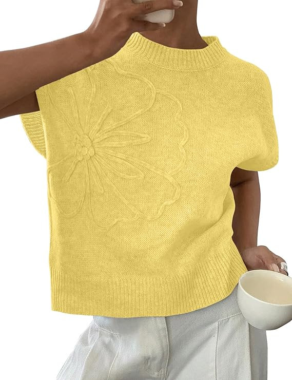Womens Floral Sweater Vest Cute Cap Sleeve Tops 3D Flower Decor Knit Tank Top Loose Spring Fall S... | Amazon (US)