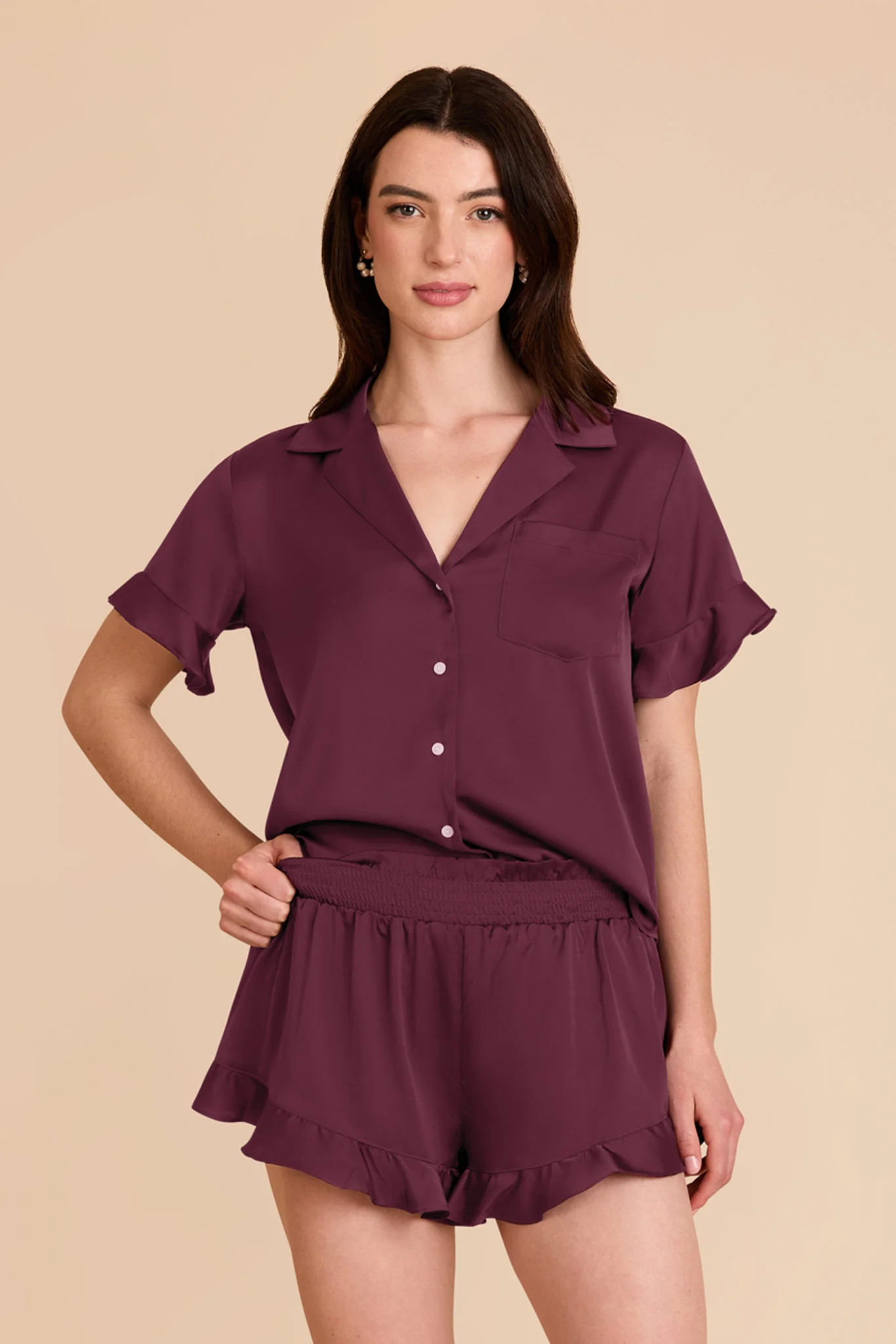 Esther Cabernet Ruffled Short Sleeve Pajama Set | Birdy Grey | Birdy Grey