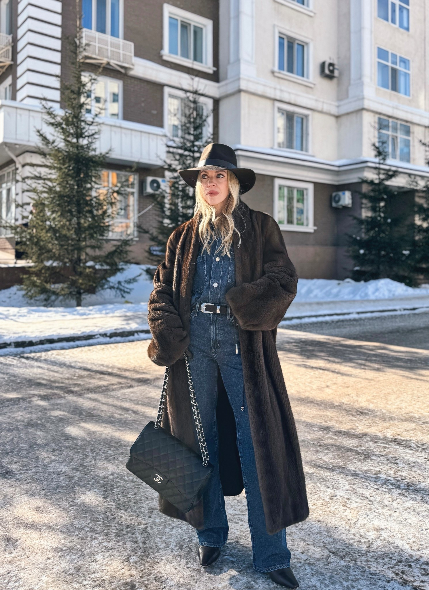 Denim on denim outfit, all denim outfit, chocolate brown fur coat, @Janessa Leone dark brown wool hat, western style winter outfit 

#LTKOver40 #LTKSaleAlert #LTKSeasonal