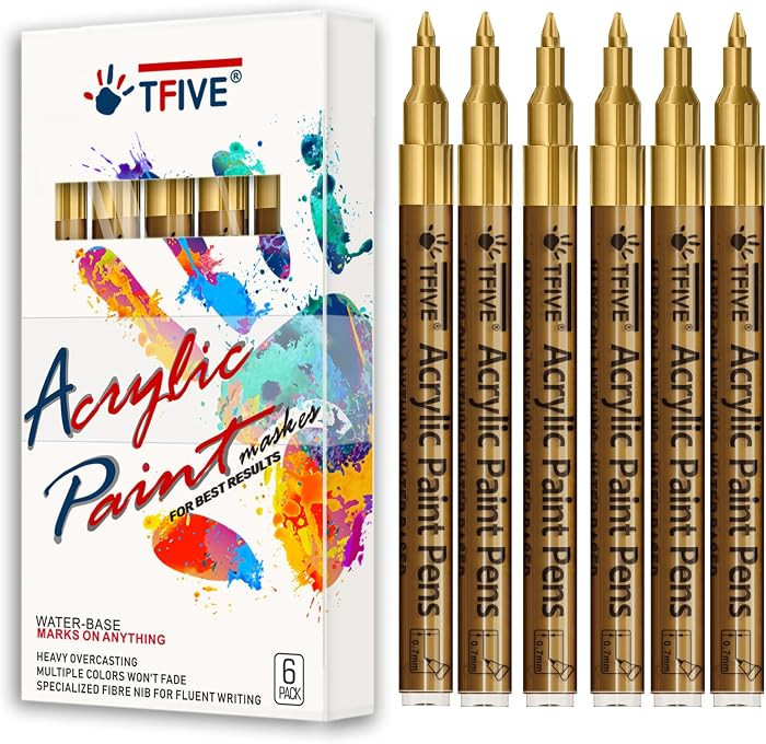 TFIVE Gold Marker Paint Pens - 6 Pack Acrylic Permanent Marker, 0.7mm Extra Fine Tip Waterproof M... | Amazon (US)