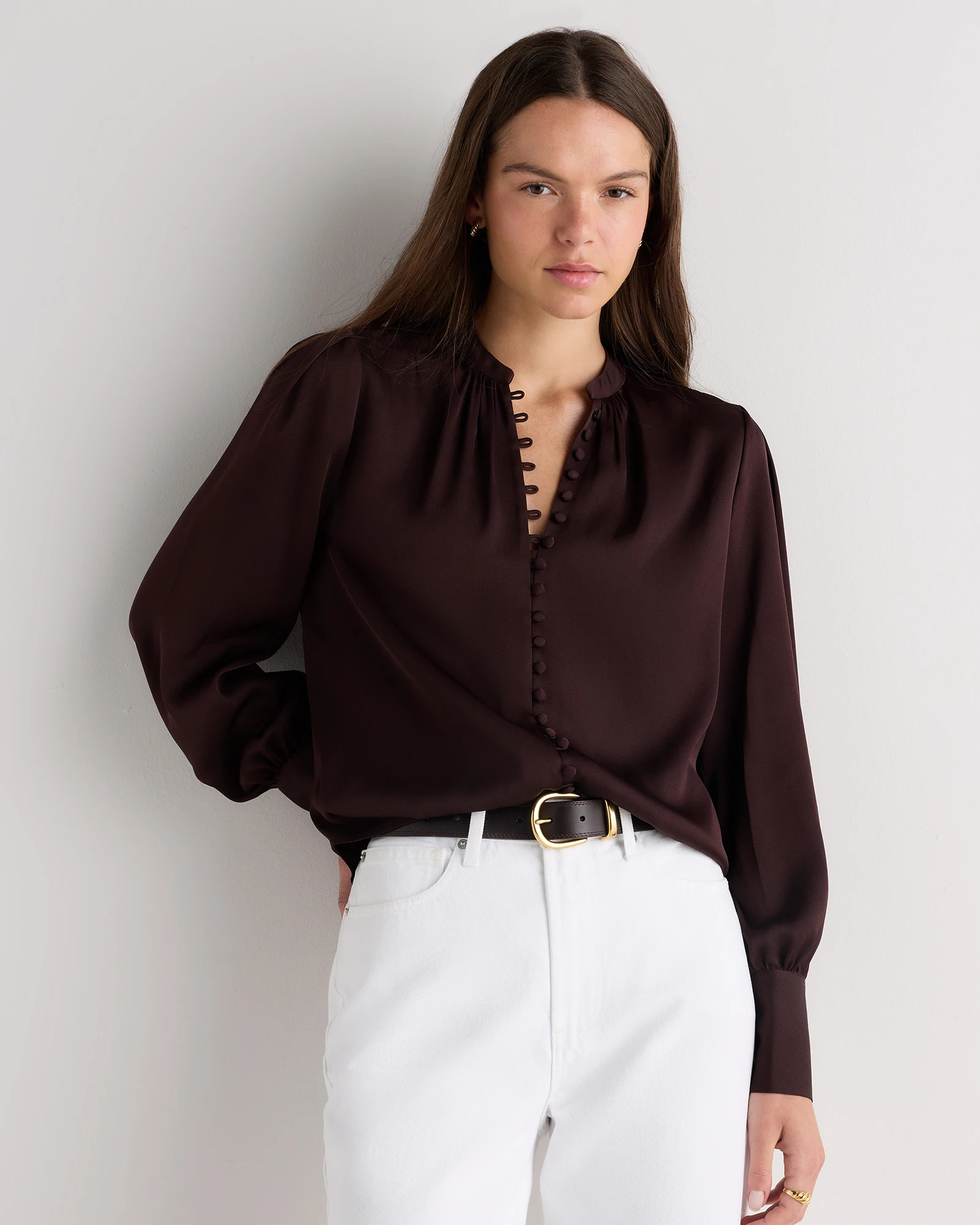 Quince | Women's Washable Stretch Silk Peasant Blouse in Black, Size Large | Quince