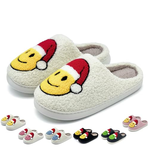 Christmas Slippers For Kids,Smile Face Slippers,House Happy Face Slippers for Winter Indoor Outdoor Smile Slippers Non-Slip Fuzzy Flat Slides White Yellow 5051 | Amazon (US)