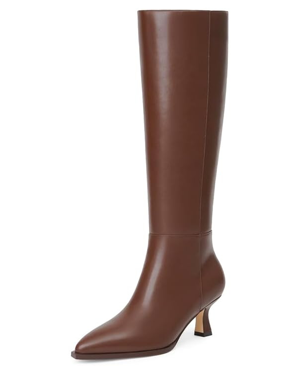 Modatope Knee High Boots Kitten Low Heel Faux Leather Pointed Toe Side Zipper Fall Long Tall Boot... | Amazon (US)