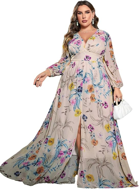 Spring Summer 2024 Plus Size Womens Dresses V Neck Casual Elegant Long Sleeve Floral Print Formal... | Amazon (US)