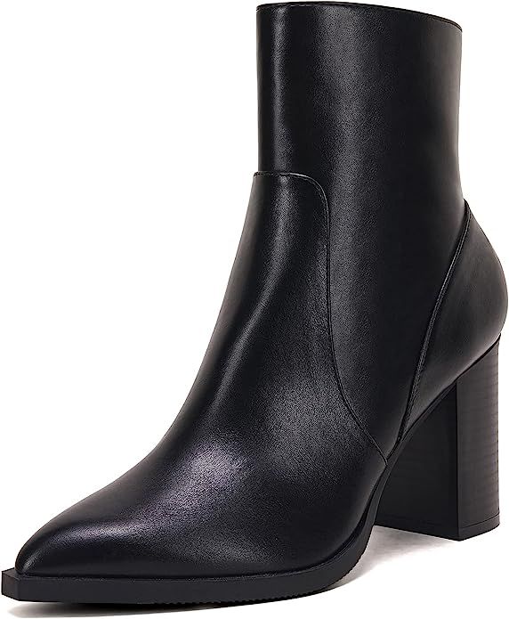 Amazon.com | LAICIGO Women's Pointed Toe Ankle Boots Chunky Stacked Heel Side Zipper Faux Leather... | Amazon (US)