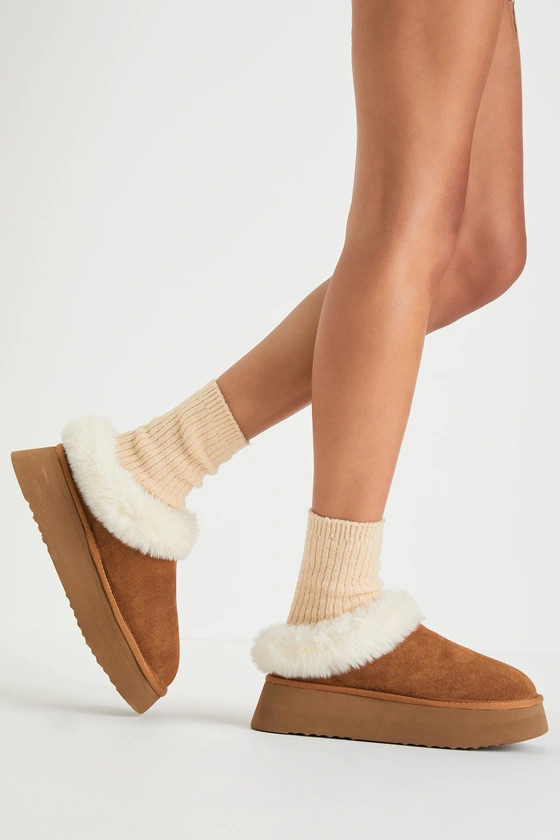 Chaplin Tan Suede Leather Faux Fur Flatform Slippers | Lulus (US)