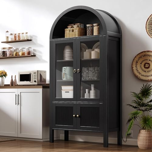 DWVO 71" Tall Arched Cabinet Kitchen Pantry with LED Light/Wood Kitchen Storage Cabinets with Tempered Glass Doors and Adjustable Shelves/Bookcase Cabinet with Storage for Kitchen, Dining Room-Black | Amazon (US)