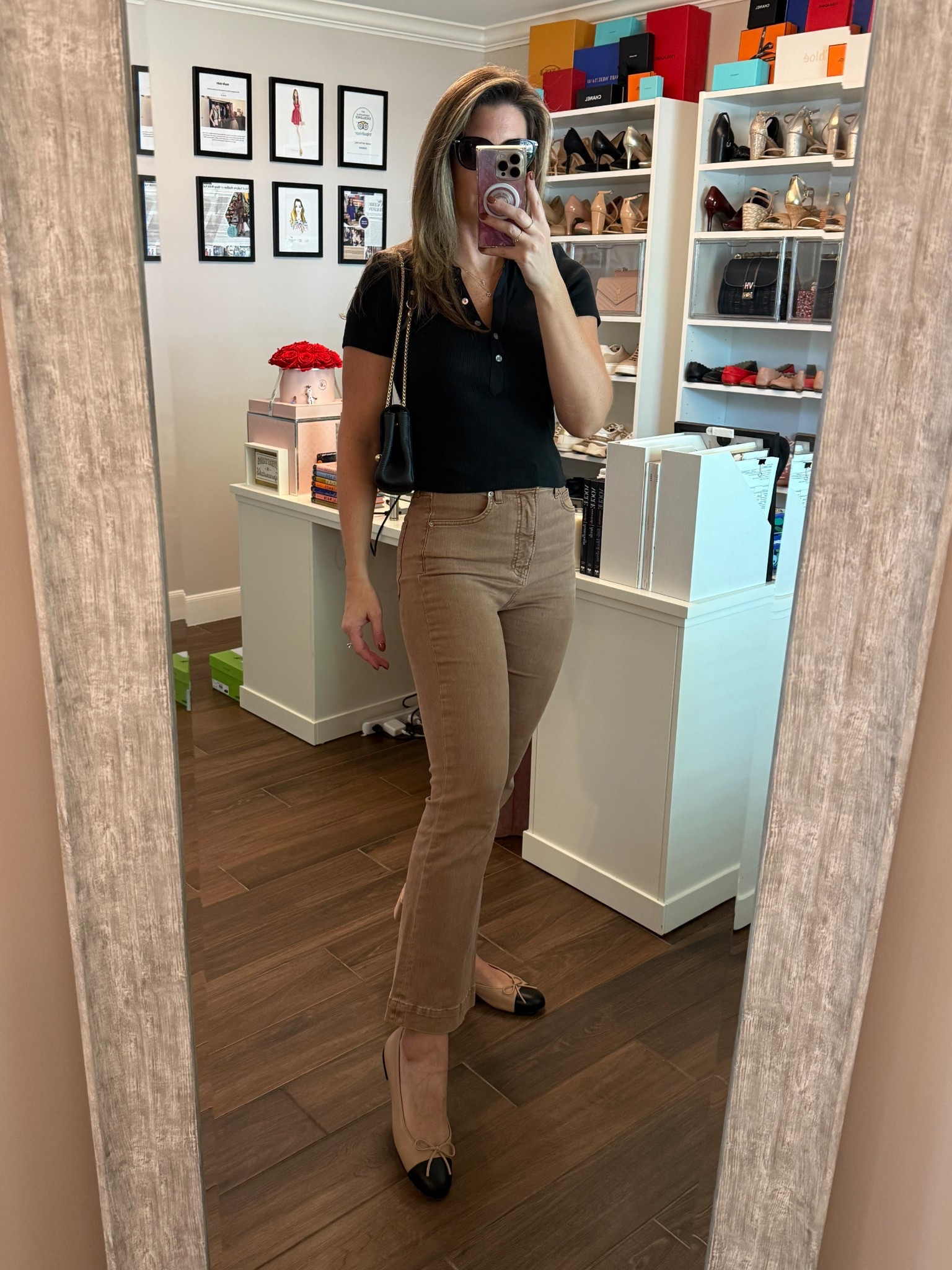 When it’s still in the 80s in November … sticking to neutrals always works. Love this black and tan combo 🖤 

This cropped collared dressy tee runs TTS and is perfect for those who don’t like to tuck! Tall girl friendly! Wearing size S.

These kick flare jeans are a fun and playful option for more casual wear. LOVE this wash! Also tall girl approved. I sized up to 29. 

My flats are a great option for a designer dupe + quite comfy. Run TTS. Wearing a 41.

My bag can be worn with the chain long or doubled for crossbody or over the shoulder wear. It’s small yet incredibly roomy. The pebbled leather is soft but not delicate so it wears well. It’s been on high rotation and is priced extremely well for a luxury bag!

#LTKootd #LTKTall #LTKOver40