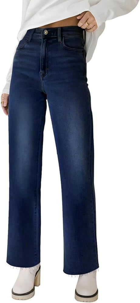 KDF Straight Leg Jeans for Women High Waisted Jeans Frayed Baggy Pants Raw Hem Loose Stretchy Cro... | Amazon (US)