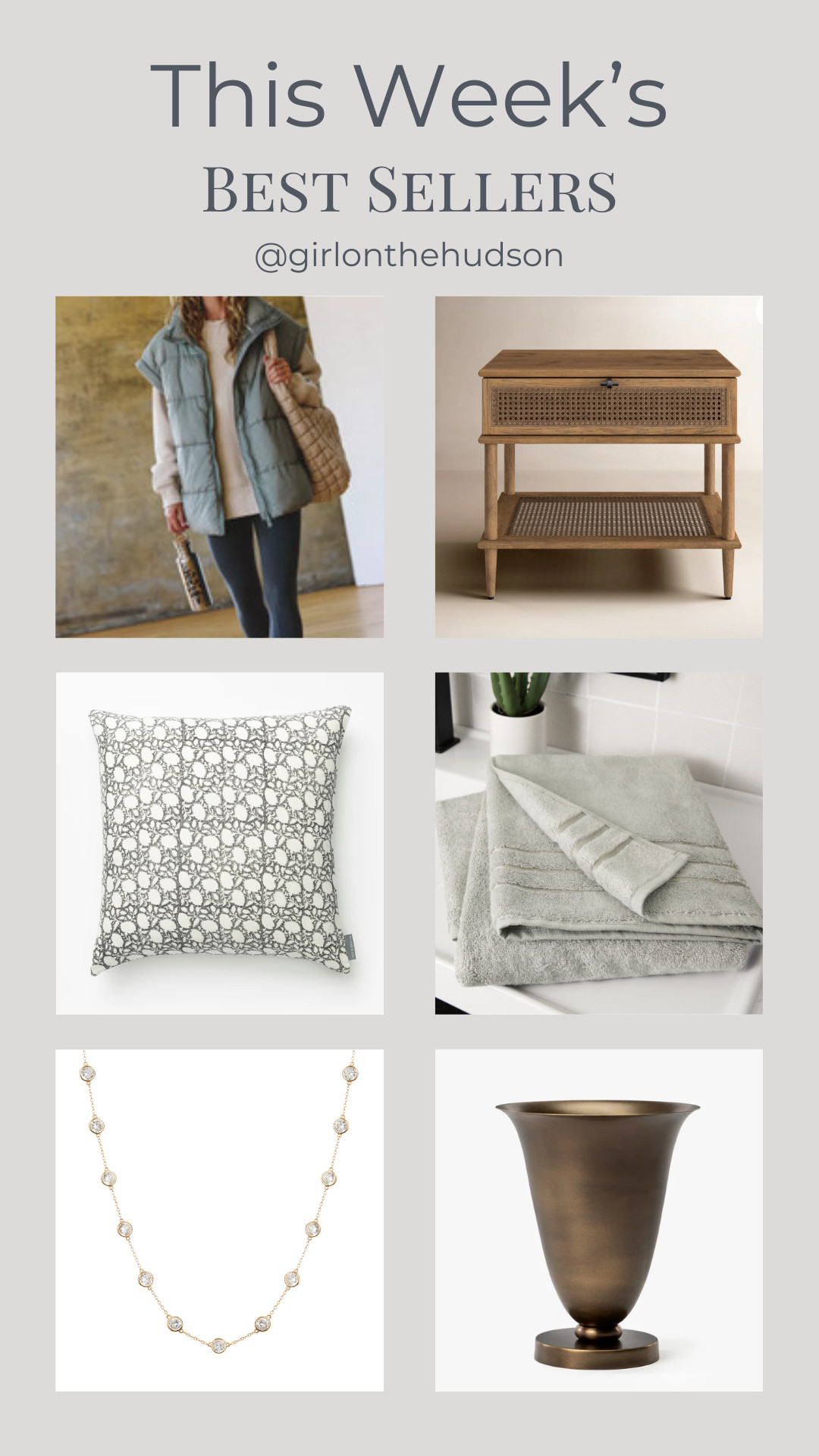 This week's best-sellers! 

The Dorsey necklace that I never take off, the prettiest brass vase that you will use all year long, our favorite bath towels, the prettiest bock print pillow (on clearance!), our guest bedroom bedside tables and my cozy Free People puffer vest (also on sale!!) 

 #LTKootd #LTKHome #LTKSaleAlert