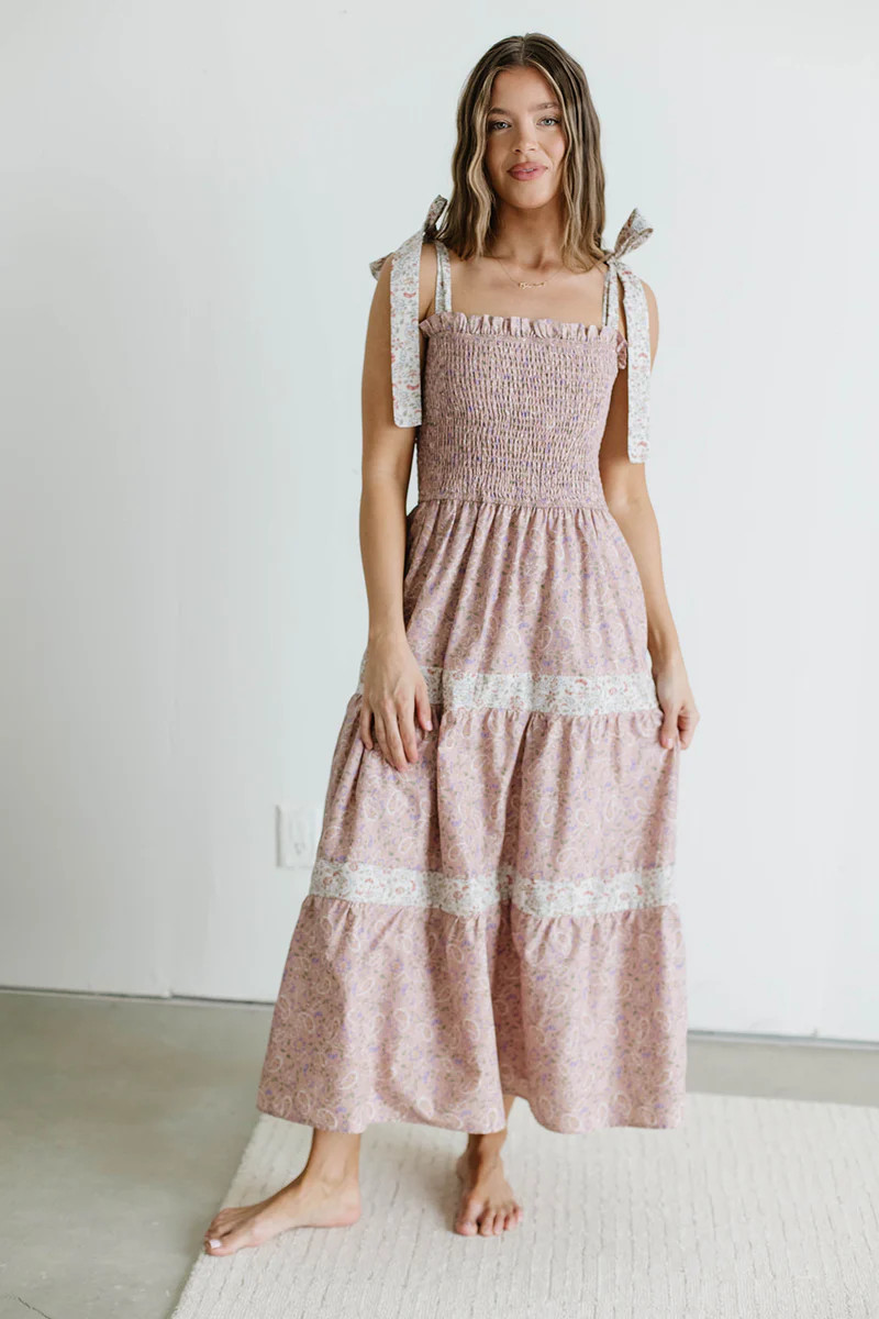 Paisley Tiered Midi Dress in Nude Pink | Worth Collective