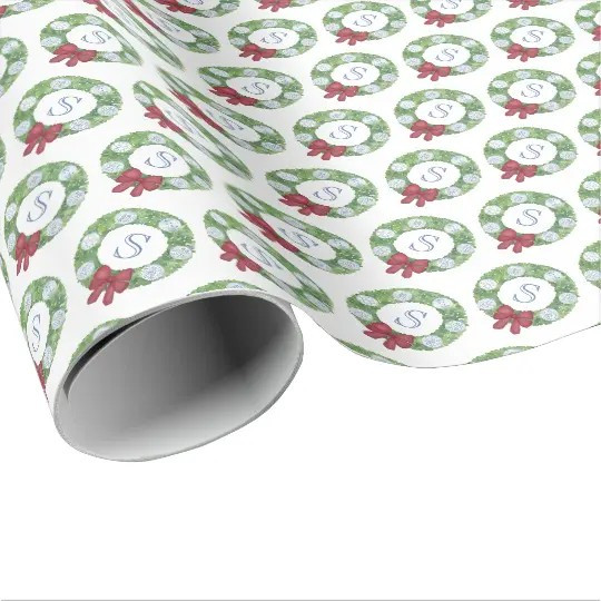 Custom Monogram Initial Christmas Greenery Wreath Wrapping Paper | Zazzle