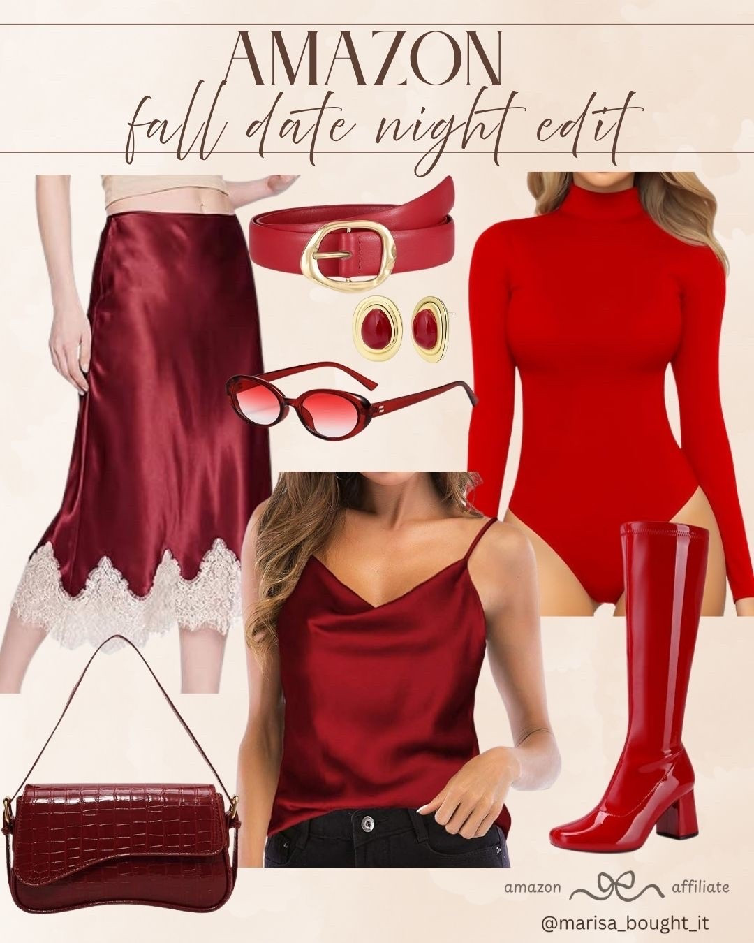 Red and burgundy are the ultimate colors for a fall date night! 🍷

A satin lace-trim midi skirt and sleek cami create an effortlessly romantic vibe.

Pairing these pieces with patent red boots, a croc-embossed bag, and gold accents makes the whole look pop! ❤️

#amazonfashion #falldatenight #redoutfit #burgundystyle #satinskirt #fallfashion #ltkfall #datenightlook

#LTKootd #LTKSeasonal
