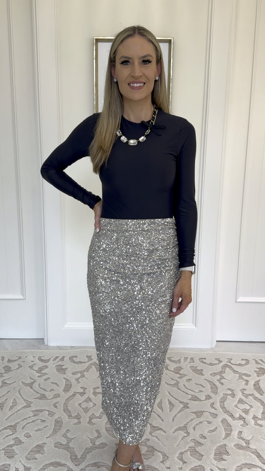 ✨ Holiday Outfit ✨

This skirt is back in stock in XS only. I’m wearing a small and it’s stretchy and loose so I could have worn XS - I absolutely love this skirt. 

Add this buttery soft matte body suit to a sequined bottom and you are dazzling and sparkling for the holidays AND comfortable! 

#everypiecefits

Christmas outfit
Christmas party outfit
Holiday party outfit
Work holiday party 
New Year’s Eve outfit 
New Year’s Eve party 

#LTKparties #LTKHoliday #LTKVideo