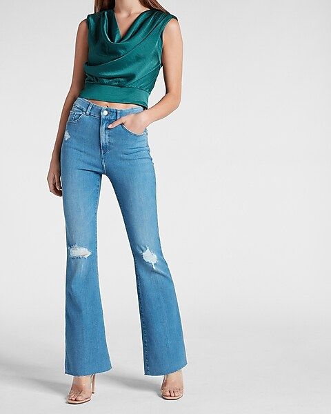 High Waisted FlexX Medium Wash Ripped Flare Jeans | Express