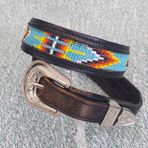 Brushy Creek Vintage Leather Western Belt, With Beaded Inlay, Sz 28 | Poshmark