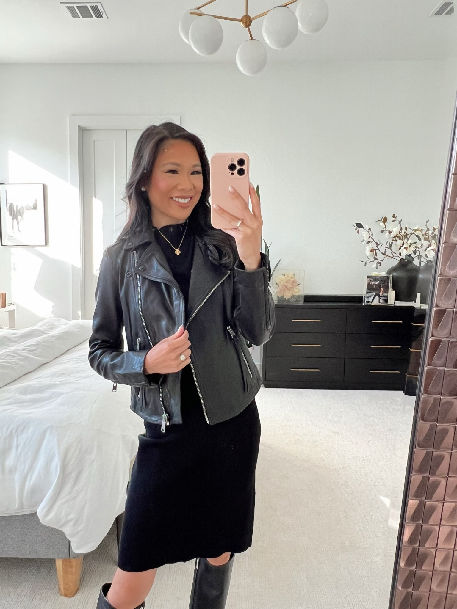 Date night outfit with black dress paired with leather biker jacket that is on sale for the Nordstrom anniversary sale! Open to icons, open to ambassadors on the 10th, open to influencers on the 11th and rest of the public on the 15th! 

#LTKStyleTip #LTKxNSale #LTKSummerSales