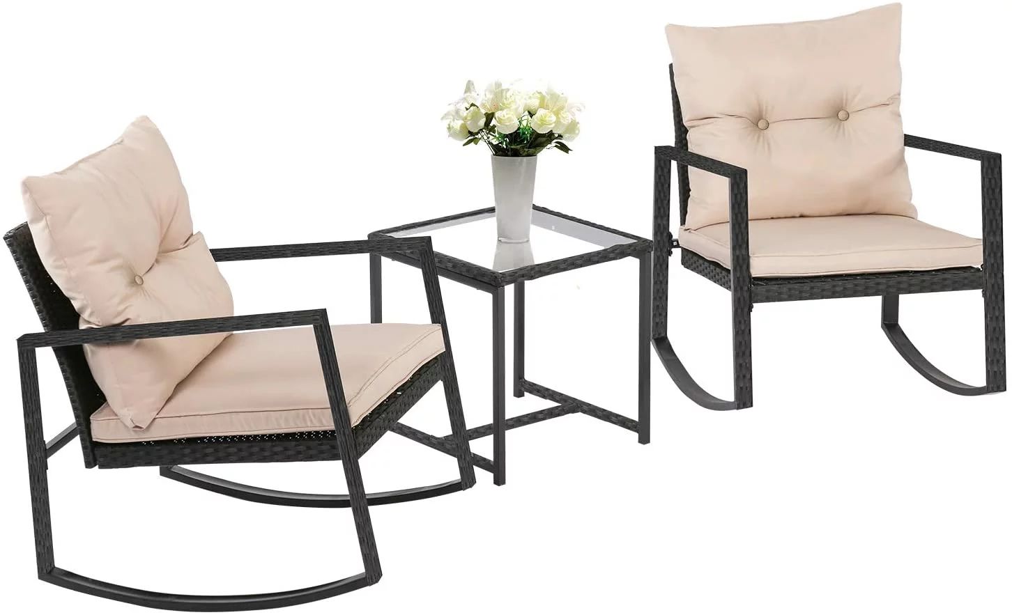 FDW 3 Pieces Wicker Outdoor Set with a High-Quality Tempered Glass Coffee Table, Black - Walmart.... | Walmart (US)