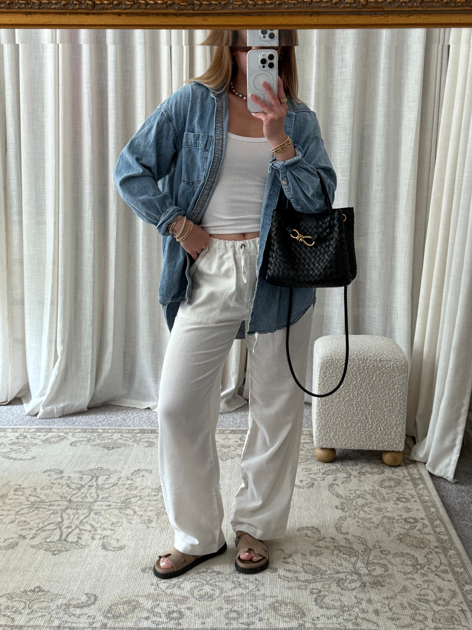 5/26/25 a summer essentials outfit 🫶🏼 mdw outfit idea, casual holiday weekend outfit, amazon linen pants outfit, aritzia white tank, steve madden sandals look, vehla sunglasses style, denim button up outfit, comfy summer outfit, effortless warm weather look, coastal casual outfit, minimalist holiday outfit, summer layering essentials, relaxed weekend style