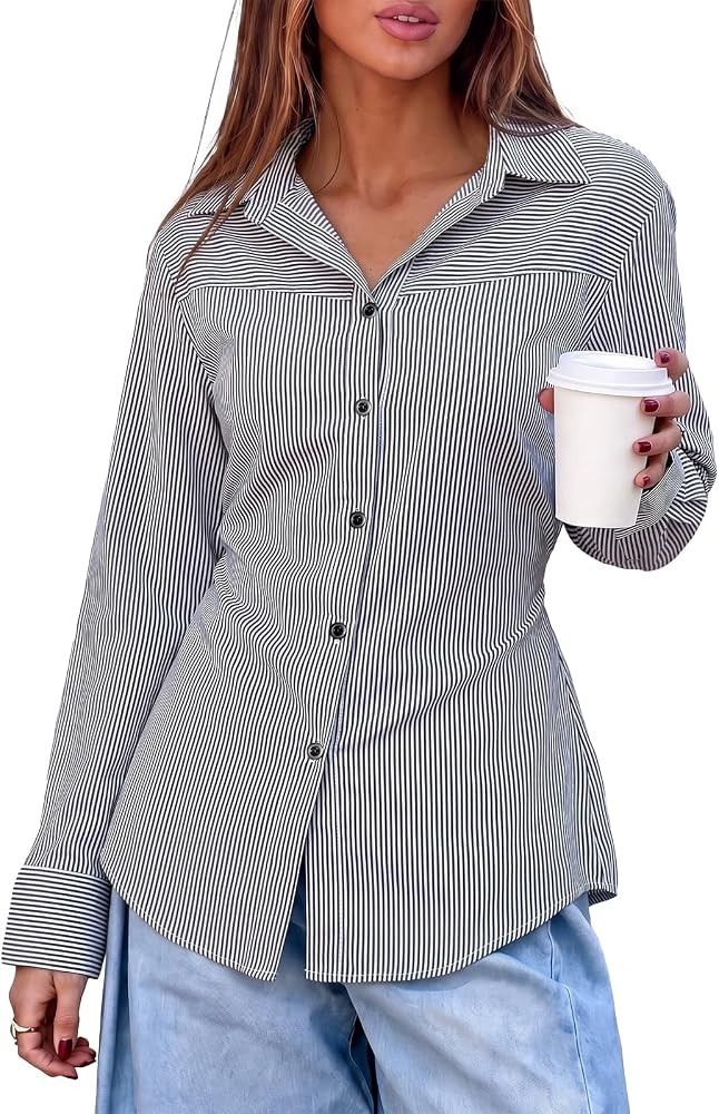 Cicy Bell Womens Striped Button Down Shirt Tie Back Cinched Waist Blouse | Amazon (US)
