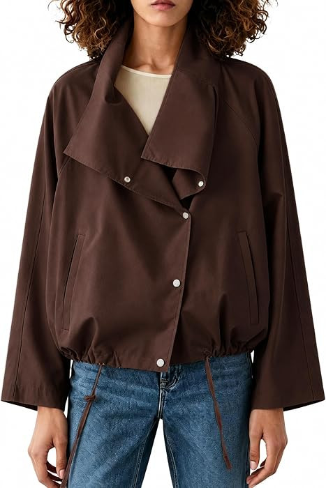 Huaqiao Womens Cropped Trench Coat Casual Asymmetric Collar Fall Jackets | Amazon (US)