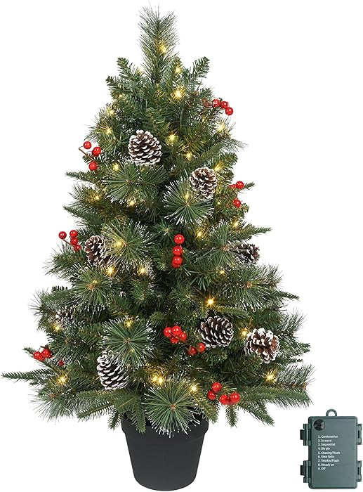 3Ft Pre-Lit Artificial Christmas Tree Tabletop with Battery Operated 70 Warm LED Red Berries Pine... | Amazon (US)