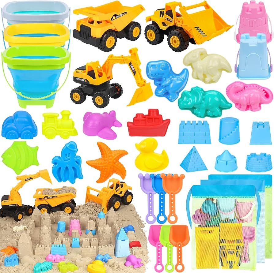 Beach Toys, 35Pcs Sand Toys, Sandbox Toys with 3 Truck 3 Collapsible Beach Bucket, Sand Castle To... | Amazon (US)
