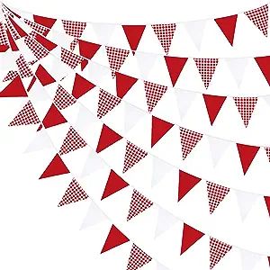 32Ft Red Party Decorations Red Plaid Checkered White Triangle Flag Gingham Pennant Bunting Fabric... | Amazon (US)