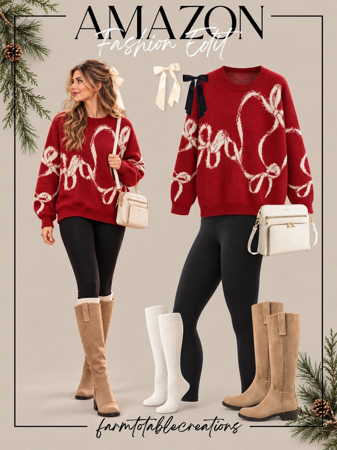 Amazon Holiday Fashion Edit | Cozy Christmas Outfit 🎀❤️

Festive, cozy, and effortlessly cute! ❤️🎄 This Amazon holiday outfit is the perfect mix of comfort and Christmas style. The oversized red bow sweater is such a fun statement piece, especially paired with classic black leggings, neutral knee-high boots, and cozy white socks. Add a chic ivory crossbody bag and a pretty hair bow for the sweetest finishing touches!

Whether you’re heading out for Christmas shopping, grabbing a holiday coffee, visiting a Christmas market, or enjoying a festive family outing, this look is easy to recreate and perfect for the season. I love how the bold red sweater brings all the holiday cheer while the neutral accessories keep everything looking polished and timeless! ✨

Follow @farmtotablecreations on Instagram for more cozy home finds and trending decor.

#LTKStyle #LTKHoliday #LTKFashion #AmazonFashion #AmazonFinds #AmazonOutfits #ChristmasOutfit #HolidayFashion #HolidayOutfitIdeas #CozyChristmasStyle #BowSweater #WinterOutfitIdeas #FestiveFashion #CasualHolidayOutfit #AmazonStyle #CozyWinterFashion #ChristmasShoppingOutfit #HolidayStyle #WinterWardrobe #AffordableFashion