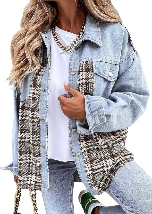 Astylish Women Jean Jacket Long Sleeve Button Down Plaid Oversized Denim Shacket Jackets | Amazon (US)
