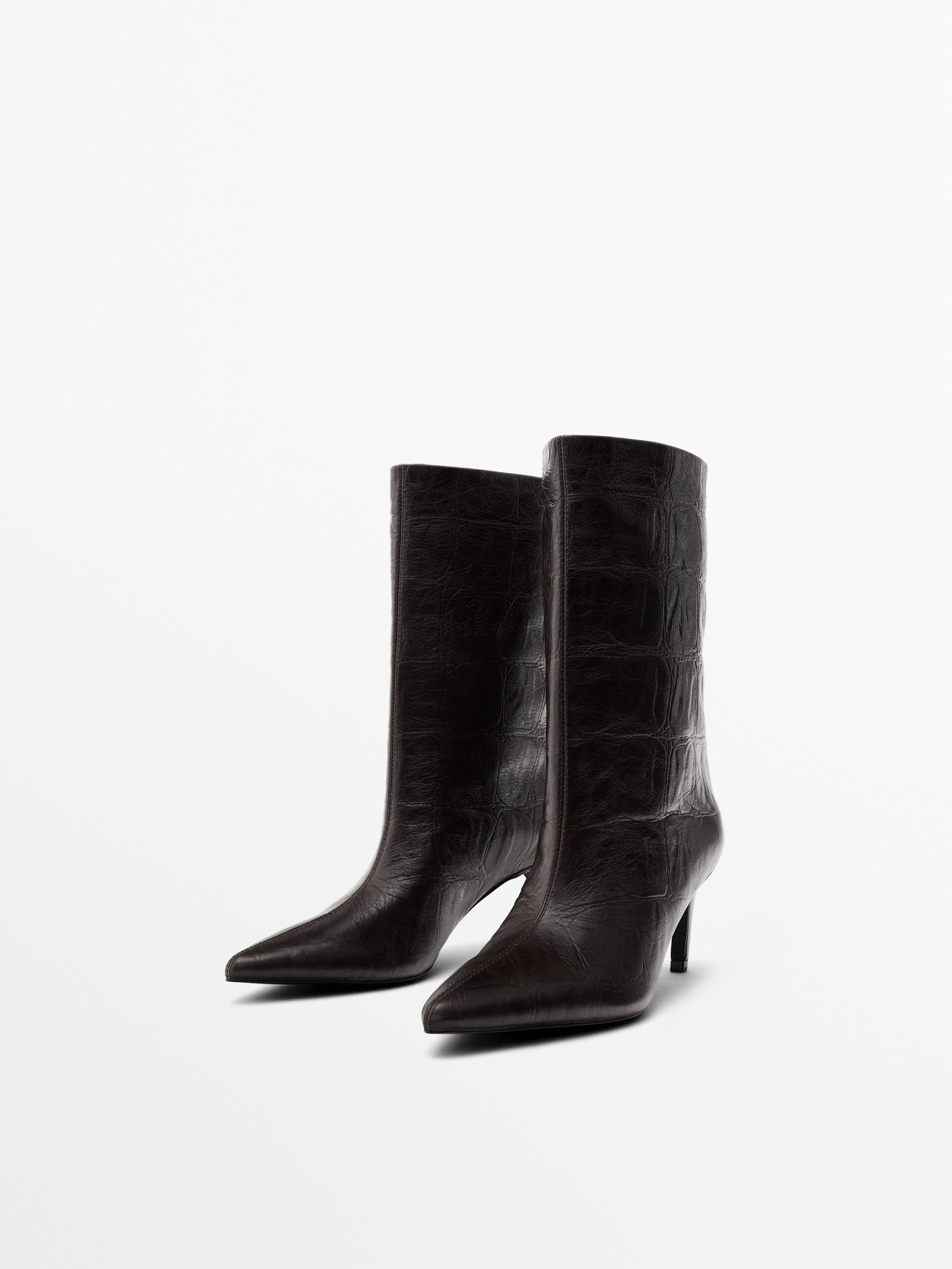 Embossed leather high-heel ankle boots | Massimo Dutti UK