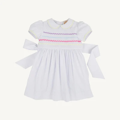 Cindy Lou Sash Dress - Worth Avenue White with Multicolor Ric Rac | The Beaufort Bonnet Company