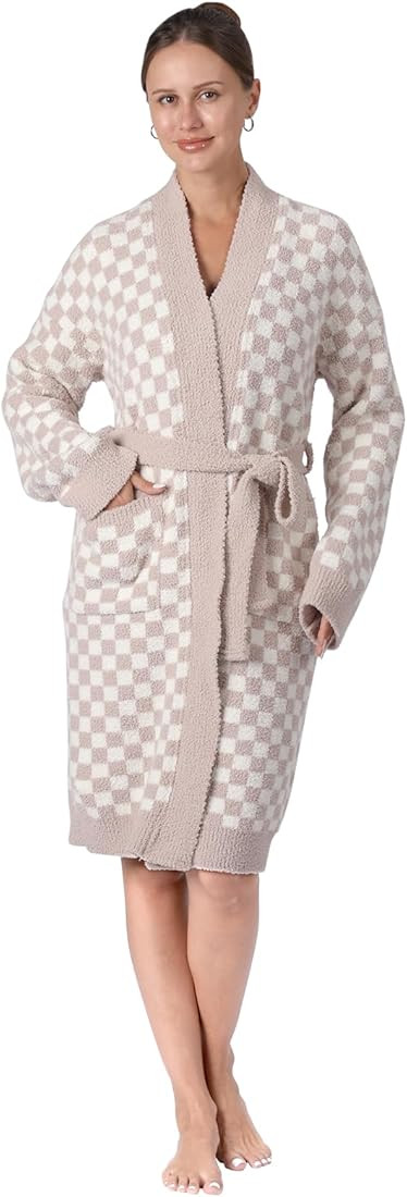 bearberry Checkerboard Robe Cozy Lightweight Soft Plush Robe Hoodless Sleepwear Nightgown with Po... | Amazon (US)