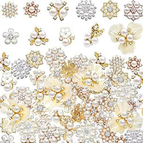 44 Pieces Pearl Rhinestone Buttons Rhinestone Faux Pearl Embellishments Pearl Brooch Alloy Floral... | Amazon (US)