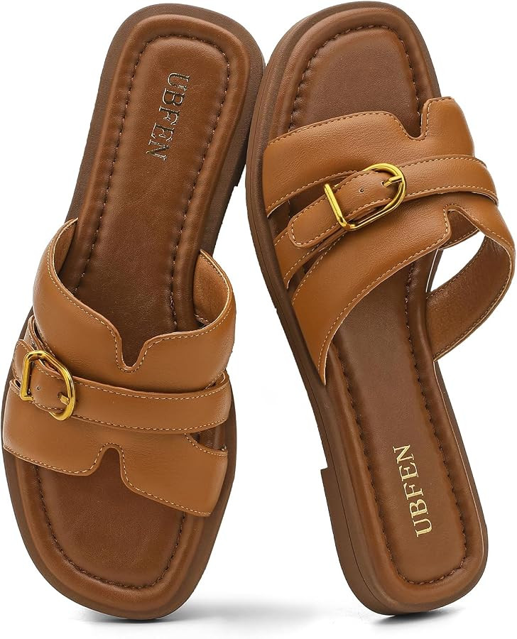 UBFEN Women's Square Toe H-Strap Slide Sandals Trendy Comfortable Summer Flat Sandals for Casual, Beach, Vacation | Amazon (US)