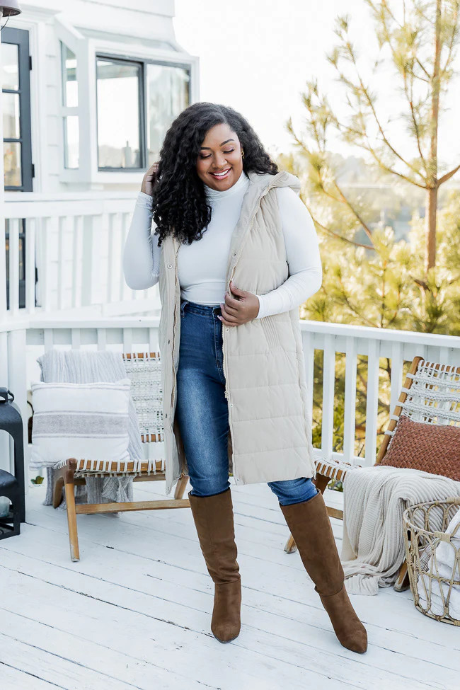 Step It Up Beige Long Puffer Vest | Pink Lily