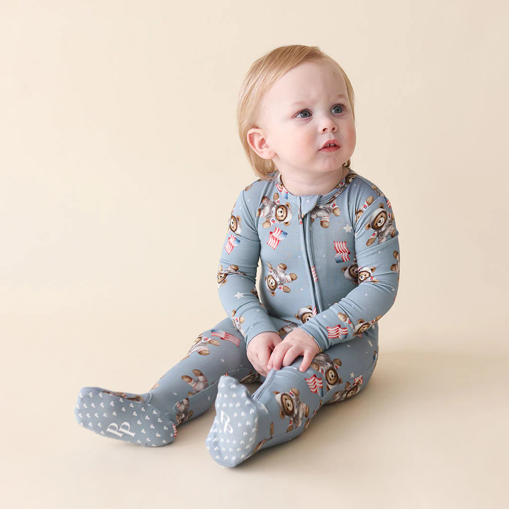Astronaut Bear Blue One Piece Baby Footie Pajamas | Neil | Posh Peanut