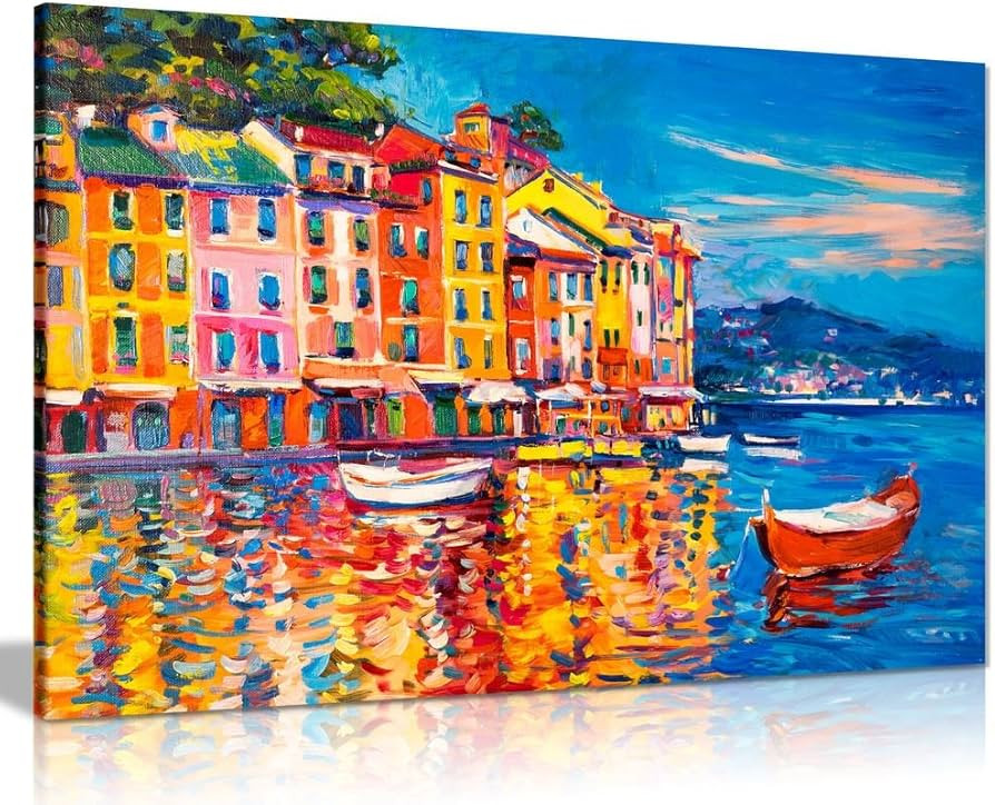 Colourful Oil Painting Boats Sea Harbour Canvas Wall Art Picture Print (30x20) | Amazon (UK)