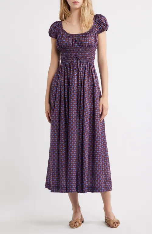 DÔEN Quinelle Smocked Organic Cotton Midi Dress in Menorca Foulard at Nordstrom, Size Xx-Small | Nordstrom