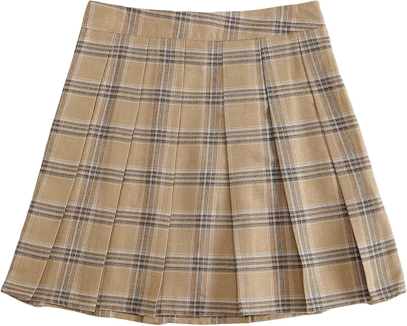 Beige Pleated Plaid Skirt | Amazon (US)