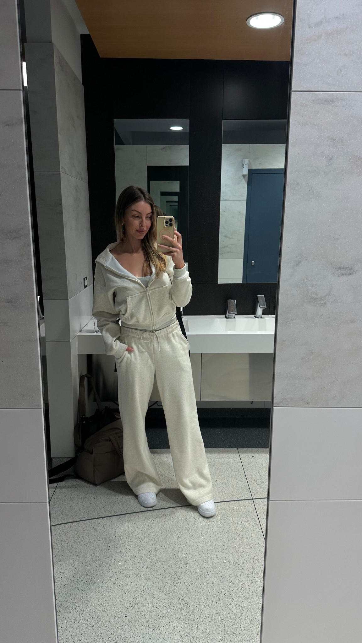 Travel outfit for long long flight — Perfectly soft and comfy. Wearing my belly band to help with water retention and bloat 🤌 and compression socks. 