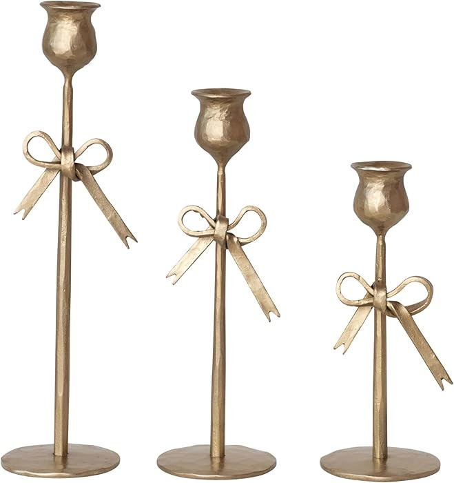 Creative Co-Op 3-Piece Hand-Forged Bow Shaped Metal Taper Candle Holders, Antique Gold Finish | Amazon (US)