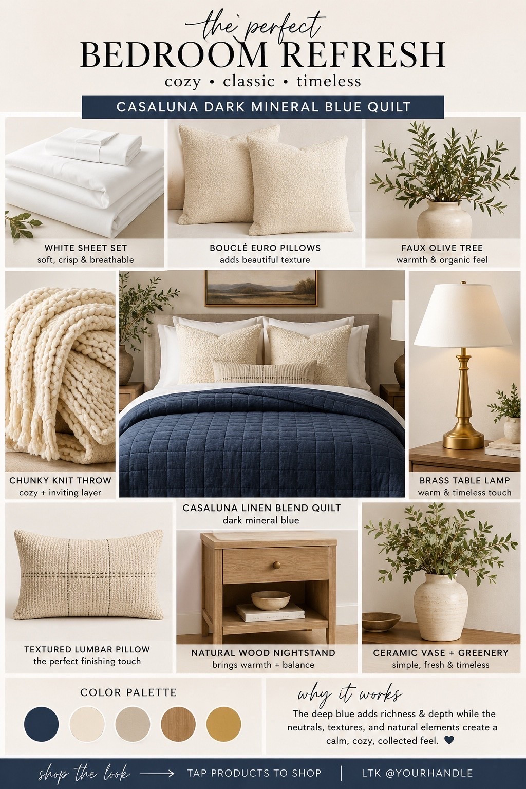 One piece can completely change the feel of a room. 💙

I fell in love with this Casaluna linen blend quilt in Dark Mineral Blue. The color is rich, cozy, and timeless, and it pairs beautifully with crisp white bedding, warm wood tones, textured ivory pillows, and touches of brass. My favorite home spaces always feel calm, layered, and collected—not perfect, just comfortable enough to make you want to stay awhile.

I’ve linked everything you need to recreate this cozy luxury bedroom look. ✨

#LTKHome #BedroomInspo #Casaluna #TargetHome #HomeDecor #BedroomRefresh #CozyHome #NeutralDecor #LuxuryForLess #HomeStyle